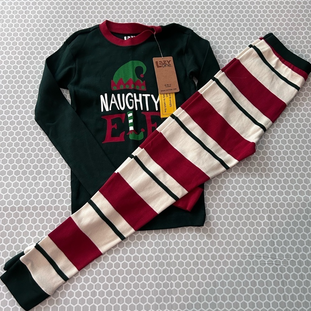 NWT Lazy One Naughty Elf Kids Pajama Set - Black,Cream and Red Striped.  Size 8